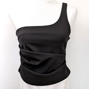 Zara One Shoulder Top Ruched Front Stretchy Bodycon Dressy Pleated Black size M
